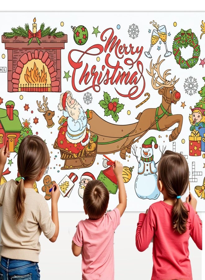 Zharkoo Christmas Coloring Tablecloth 31×72 Inch, Large Table Cover with Santa Claus, Reindeer, Paper Drawing Poster with Christmas Tree, Snowflakes and Gift Designs, Holiday Kids Party Activity and Crafts - Image 1
